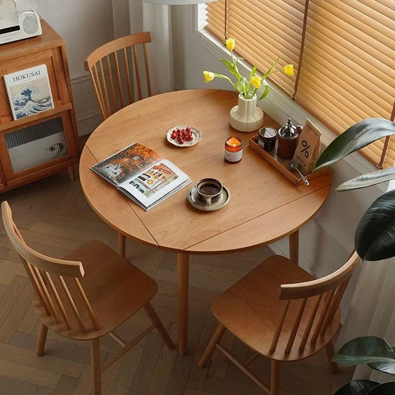 Nordic solid wood folding round table household cherry wood retractable square table small apartment square circle