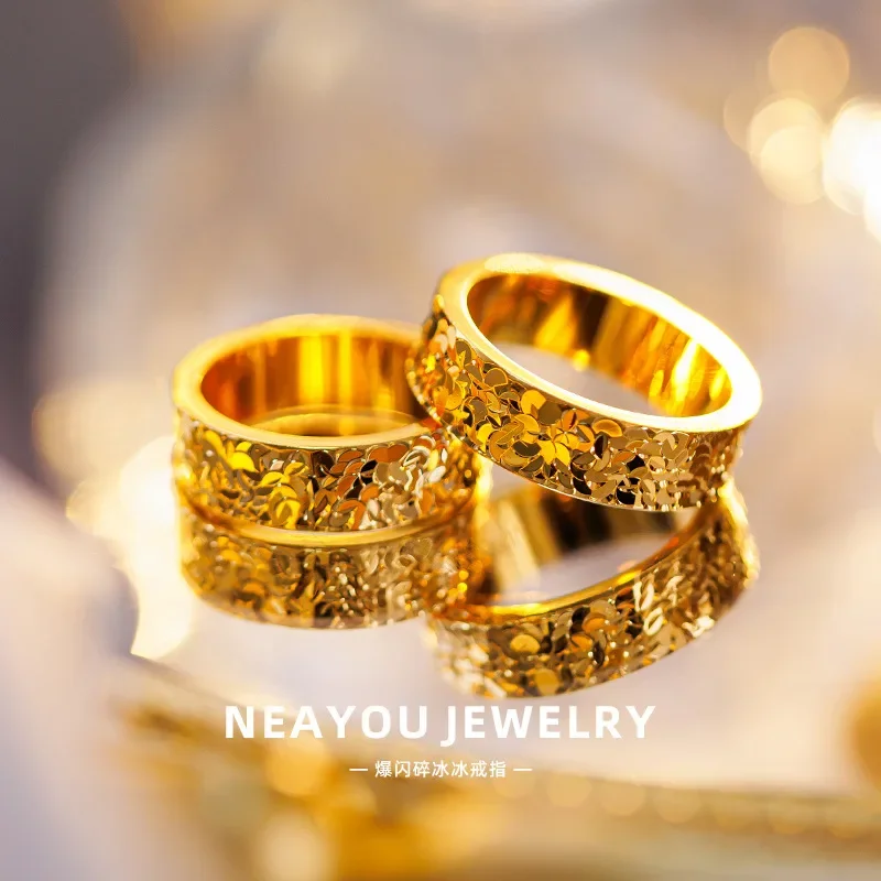 

9999 24K Real Gold Sparkling Crushed Ice Couple Ring Fashionista Minimalist Ring Crushed Ice Ring for Women