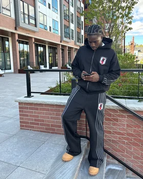 Y2K Zip Kapşonlu Eşofman Altı Seti Erkekler Iki Parçalı Hip Hop Işlemeli Vintage Şerit Büyük Boy Kapşonlu Kazak Rahat Pantolon Seti