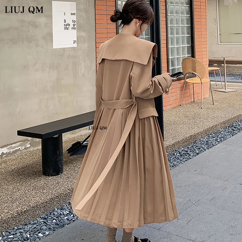 

Elegant Double-Breasted Trench Coat Women Spring Fall Fashion Navy Collar Long Female Windbreaker Pleats Dress Overcoat Korean