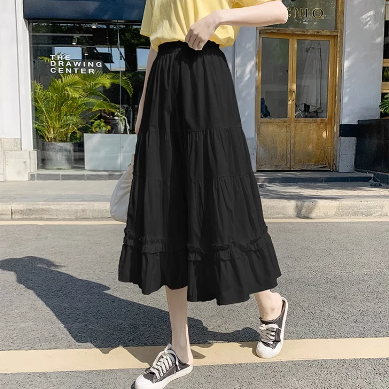 Women's Midi Skirts Pure Simple Cute Teens A-line Japanese Style Trendy Students High Waist Faldas All-match Harajuku Leisure