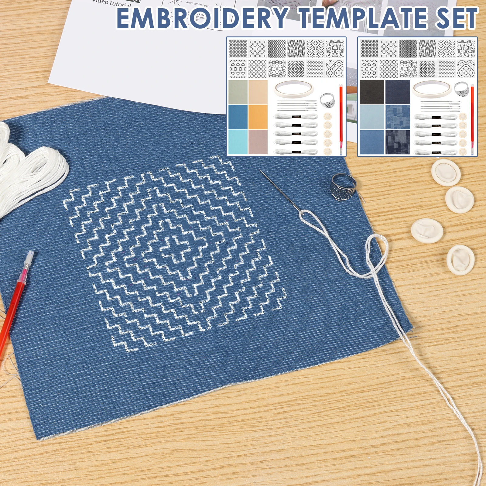 12Pcs Sashiko Stencils Kit Complete Sashiko Thread and Needle Thimble Set Denim Fabric Embroidery Kit for Beginner Hand Quilting