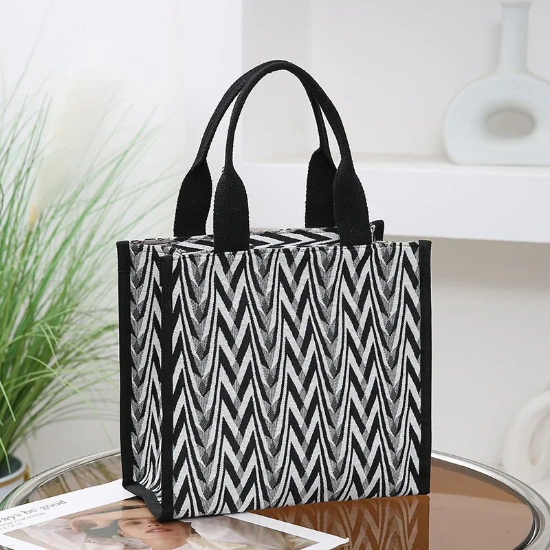 Chevron Pattern Canvas Tote Bag, Retro Letter Patch Decor Handbag, Women's Causal Shopper & Commuter Bag