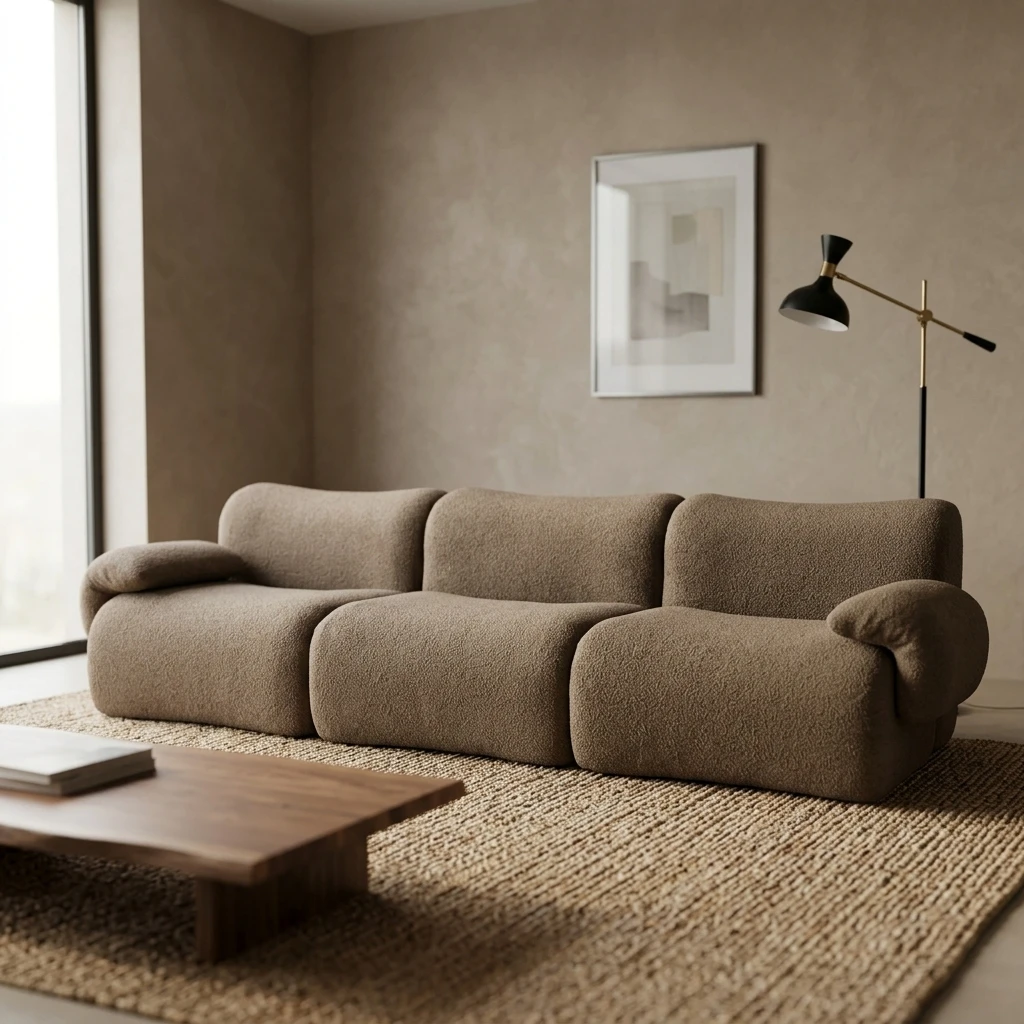 #Modern Boucle Three Seat Living Room Sofa High Density Sponge Cushion Back Curved Arm in a Box 5-Year Warranty for Villa Hotel