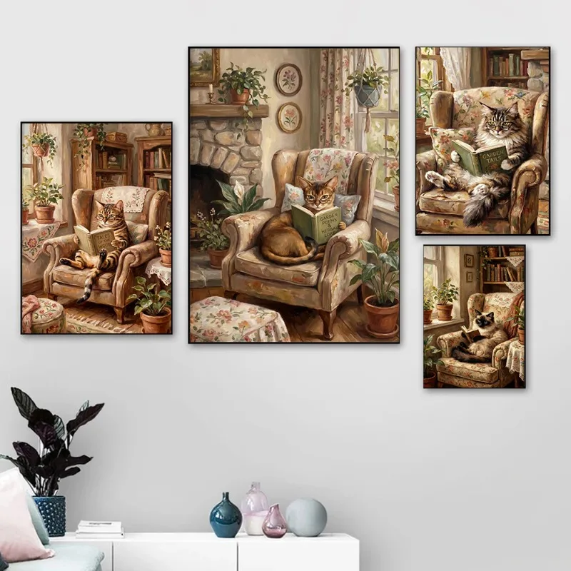 Póster de Lona con Gato Leyendo un Libro, Decoración Acogedora para el Hogar Estilo Cottagecore, para Amantes de los Gatos y los Libros, Maine Coon, Siamés, Abisínico, Bengal