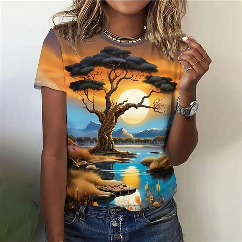 T-Shirt z nadrukiem 3D dla kobiet Cartoon Building Graphic Short Sleeves Casual Loose Oversized T Shirts Round Neck Tees