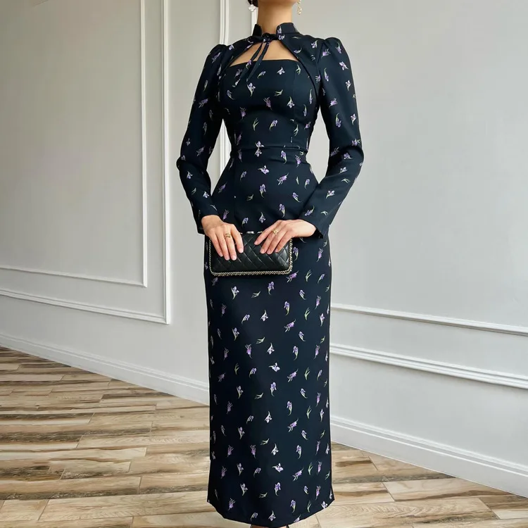 French Style Stand Collar Tie Printed Long Sleeve Dress for Women Elegant Waist-cinching Slit Bodycon office lady Long Party