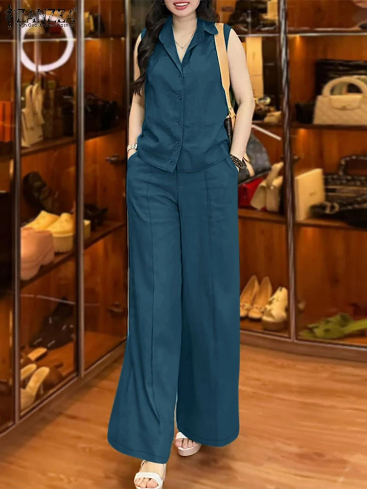 

2025 Summer Pant Sets ZANZEA Elegant Sleeveless Shirt Trousers Suits Casual Work Outfits Fashion Woman Tracksuits Matching Sets