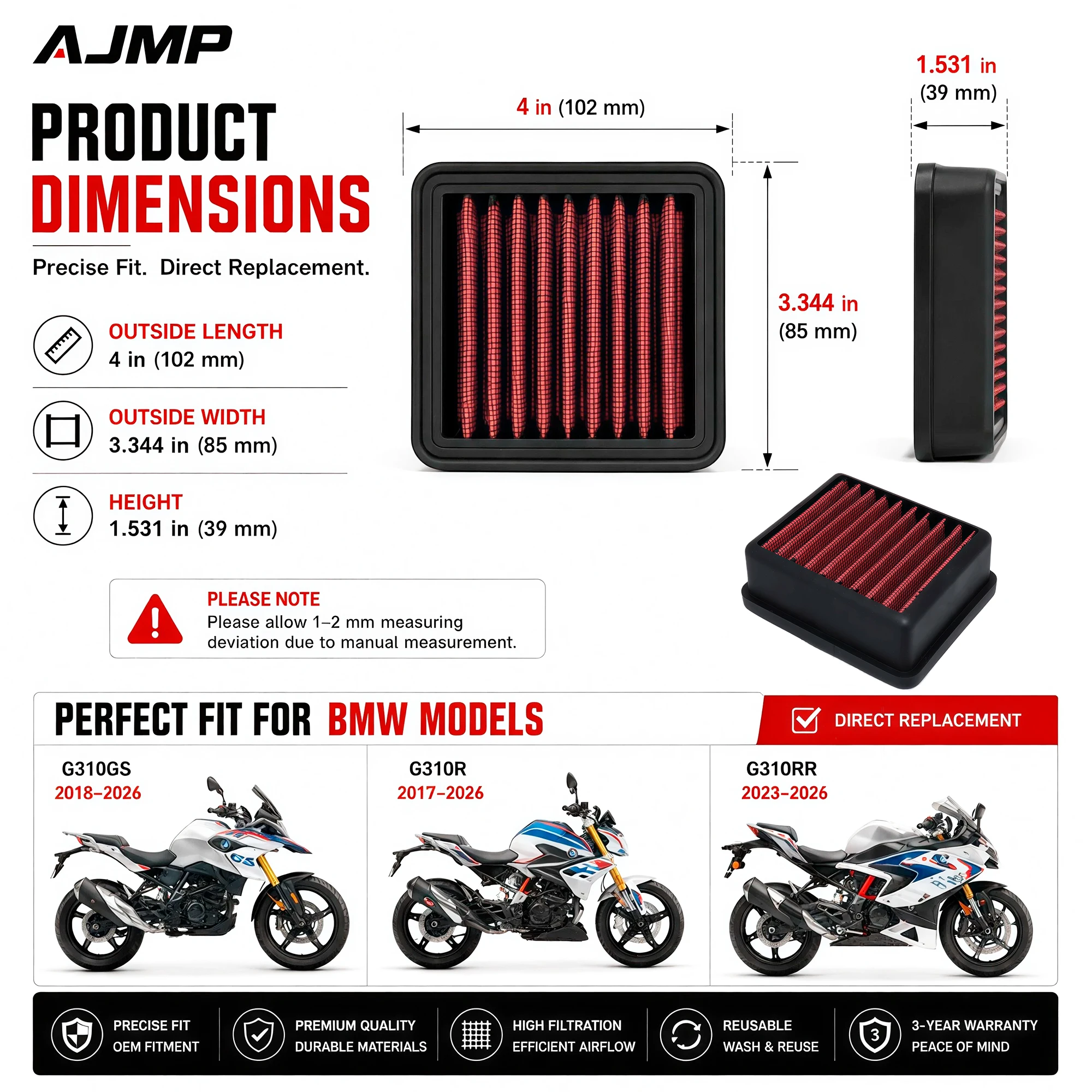 Motorcycle Air Filter for BMW G310GS G310R G310RR 2017-2026 G310 G 310 GS/R/RR 310GS AJMP Dry Washable Reusable Accesorios Moto