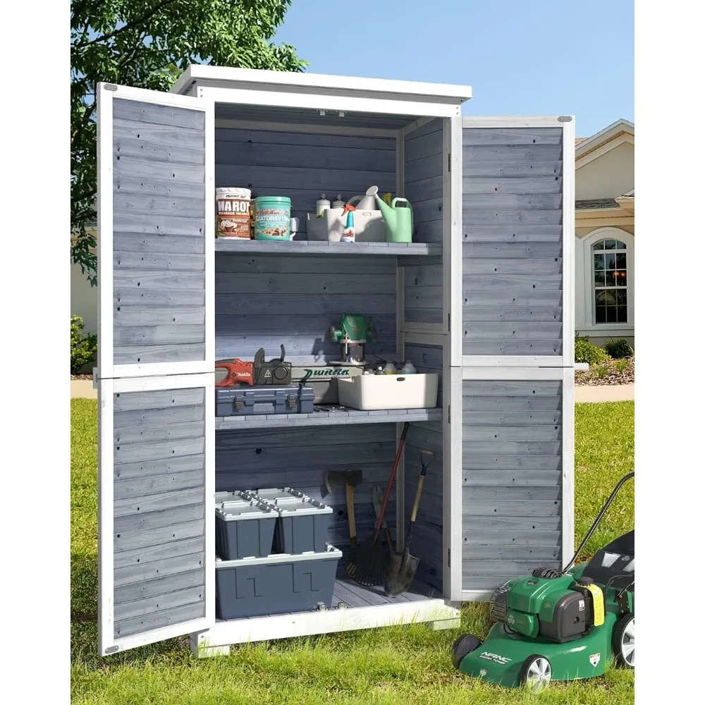 

Outdoor Storage Cabinet with 3 Shelves, Double Lockable Wooden Garden Shed with Waterproof Roof, Outside Vertical Tall Tool