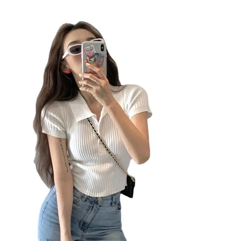 2025 جديد المرأة الصيف موضة عادية ريترو بولو طوق بلون الخصر قصيرة الأكمام تي شيرت الفرنسية شيك ضيق TopSweater