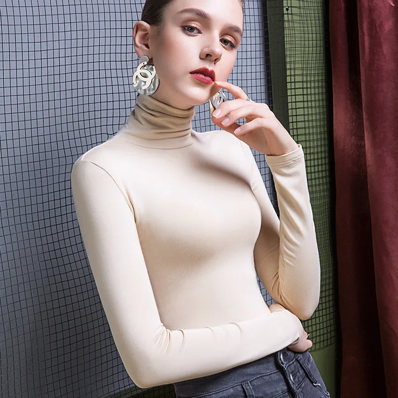 Boweylun Padded Pile Collar Bottoming Shirt Female Temperament Slim High Collar Solid Long-Sleeved Women Autumn And Winter