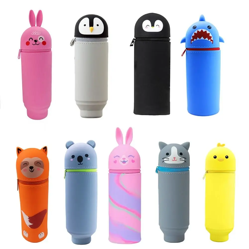 1pc Trousse à crayons pliable mignonne en forme d'animal, résistante à la saleté, boîte à stylos en silicone Lapin Requin pour étudiants