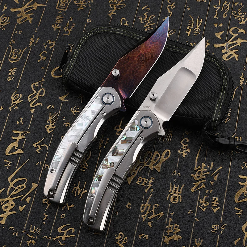 M390/Damascus steel blade titanium alloy color shell handle folding knife outdoor camping self-defense collection portable knife