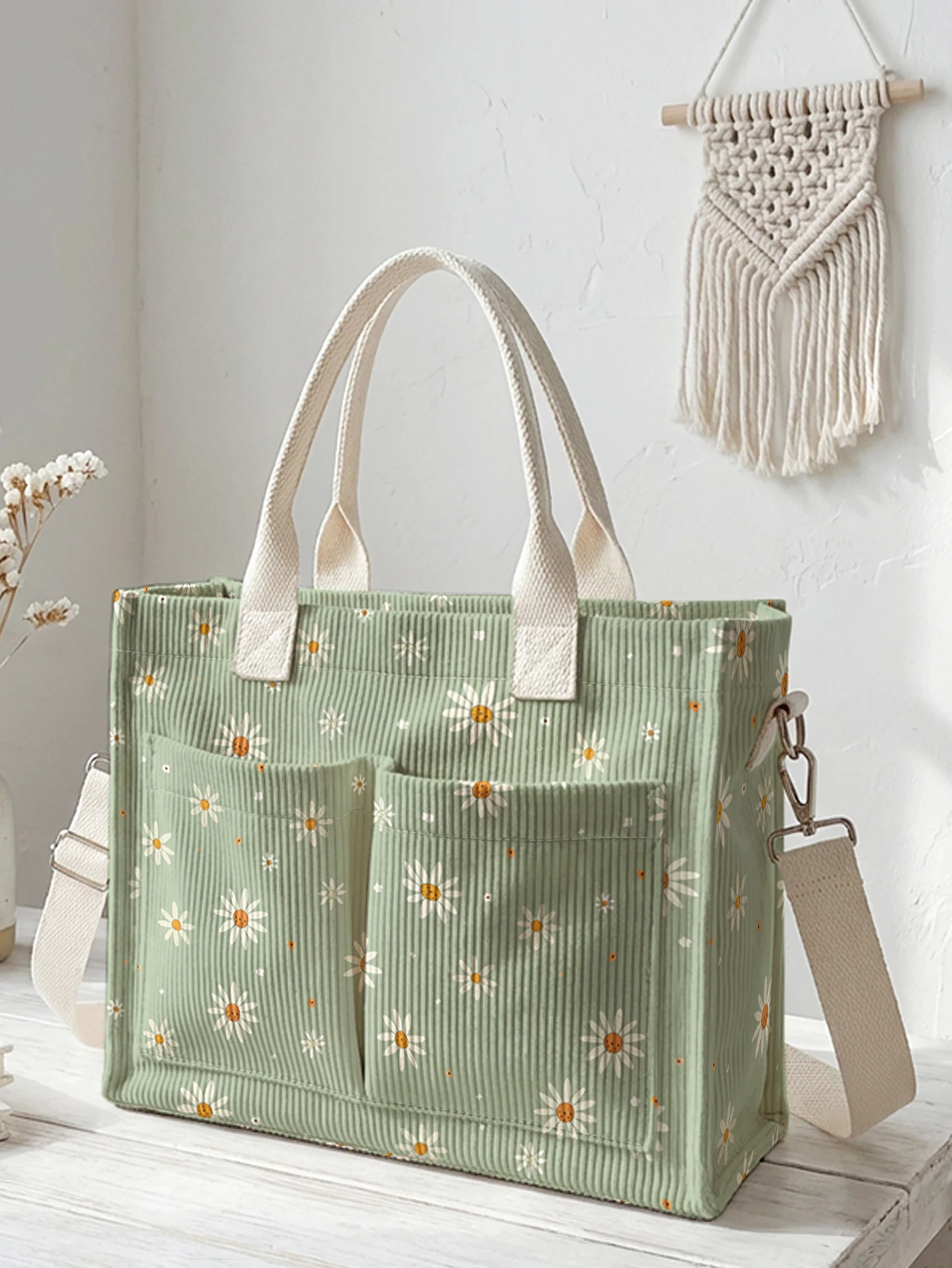Bolso Tote de Pana con Estampado de Margaritas Verde Salvia, Gran Capacidad, Múltiples Bolsillos, Bolso de Hombro para Amantes de las Flores