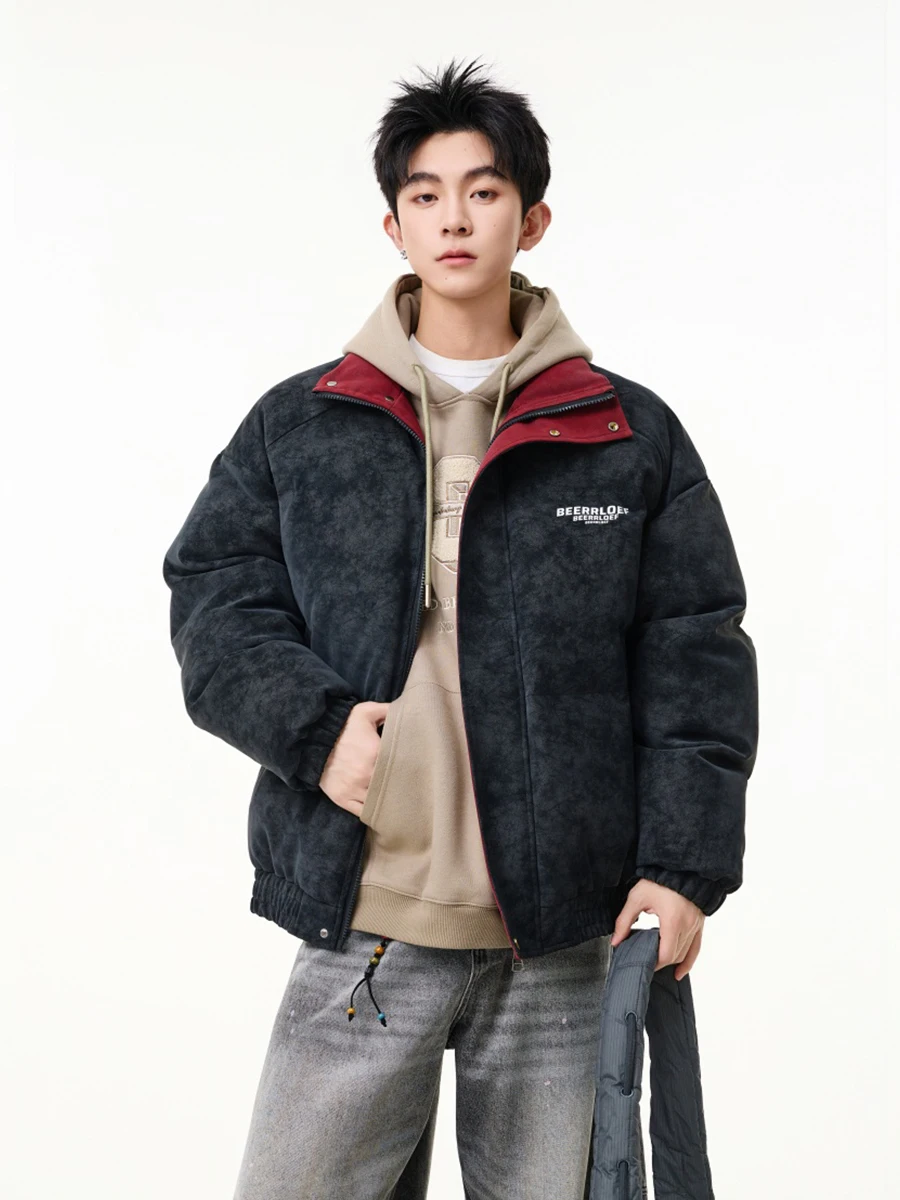 

Loose Fit Thiened PU Leather Cotton Jaet Men's Trendy Brand Winter Stand Collar Leather Jaet Bread Sle Coat