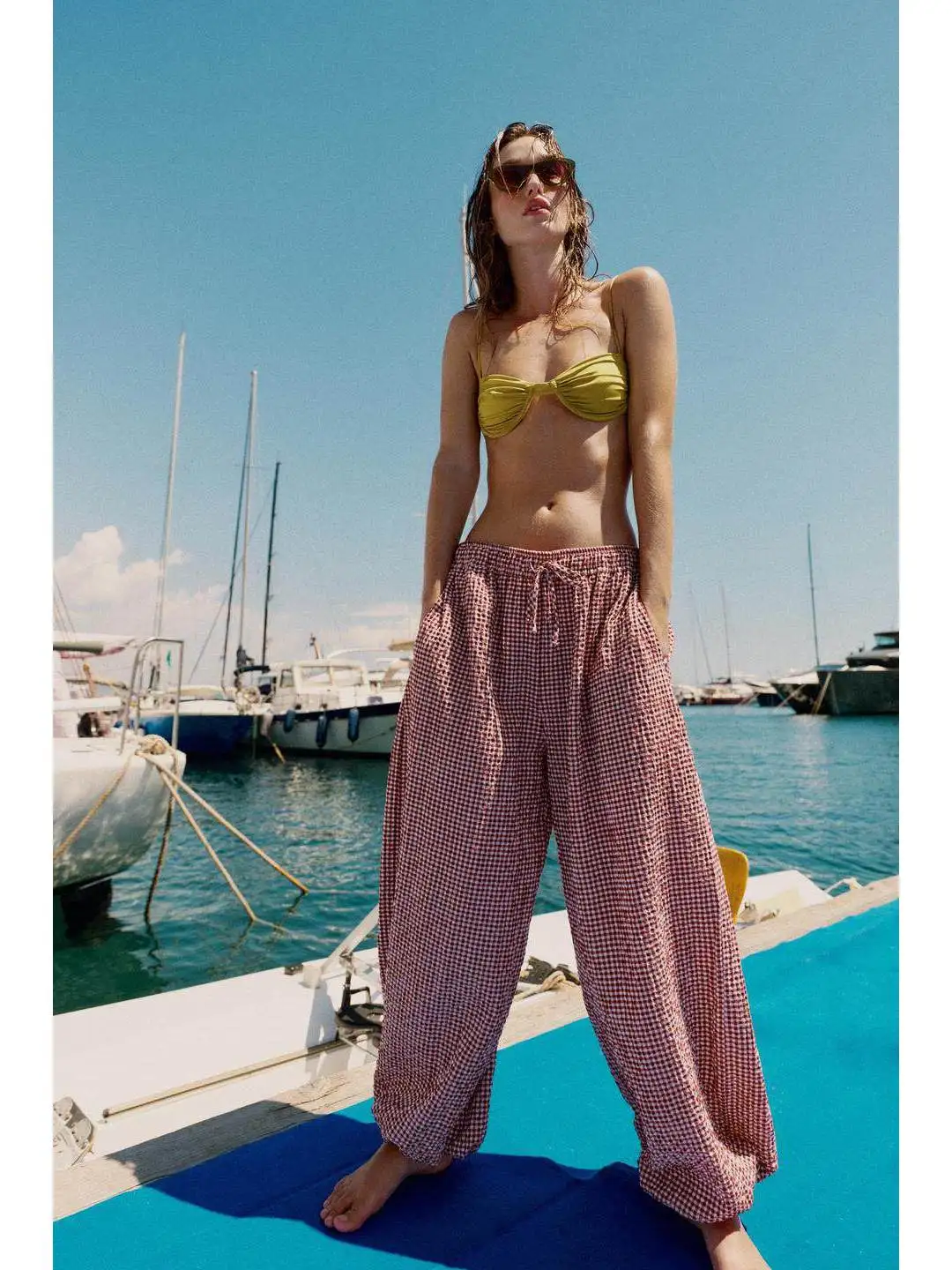 Pantalones de maternidad con cinturón elástico ajustable, diseño a cuadros de Vichy, corte tipo «lanterna», cómodos, con cintura natural, mezcla de algodón, ideales para el verano y para uso diario.