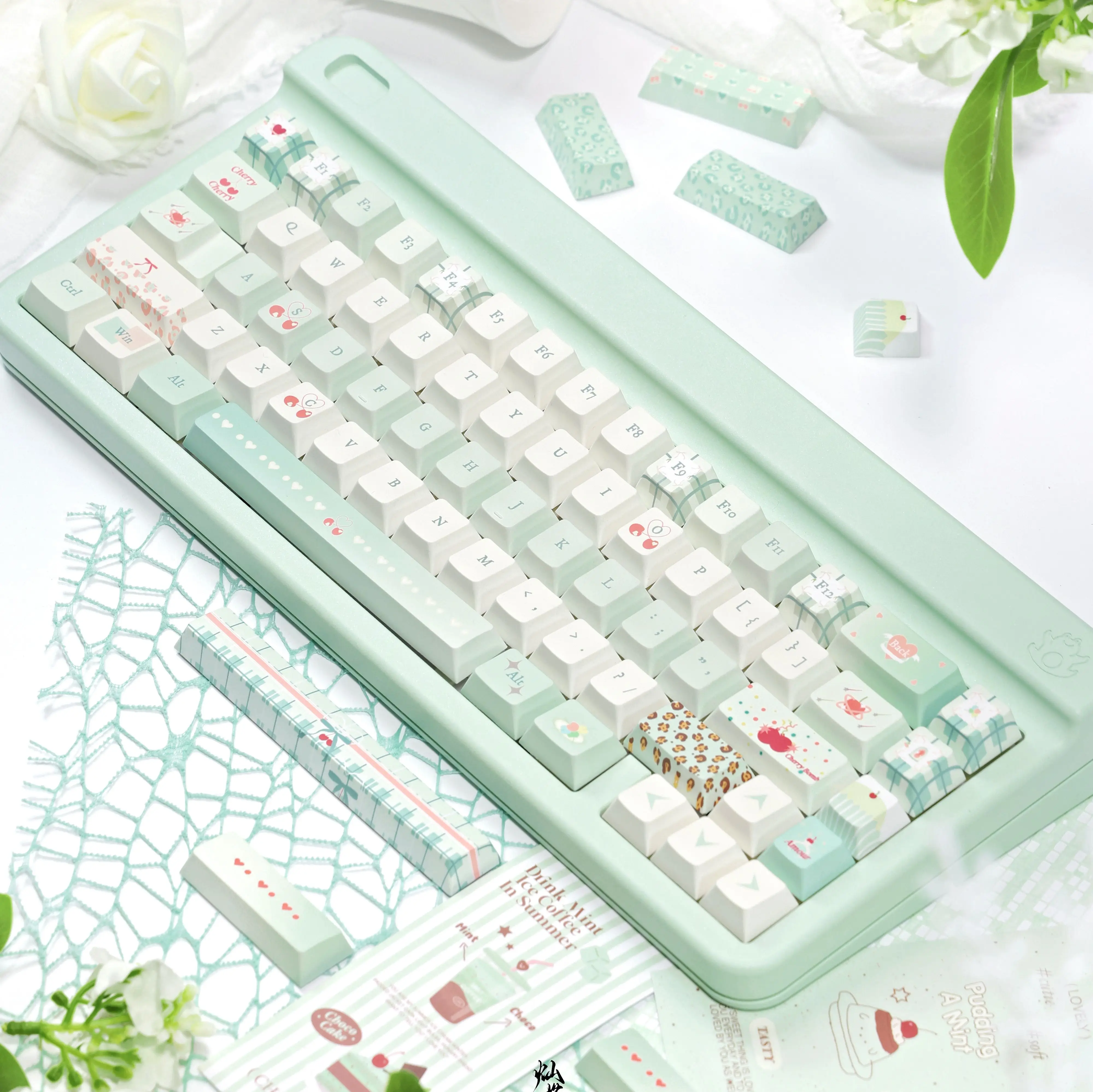 Cherry Bomb Theme Keycap PBT Material Thermal Sublimation Cherry Profile White Green Small Fresh Keycaps for Mechanical Keyboard