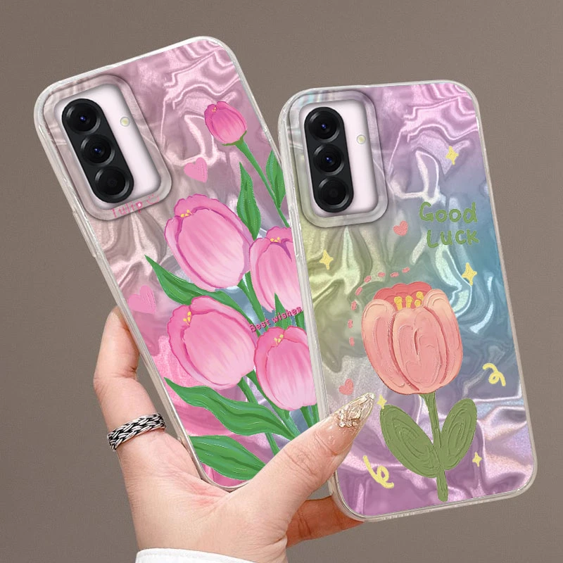 Pink Gradient Tulip Flower Case For Samsung Galaxy A16 A26 A36 A56 A25 A35 A55 A14 A34 A54 S21 S22 S23 S24 S25 Plus FE Ultra Bag