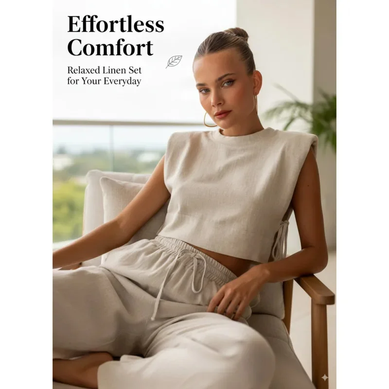 Sleeveless Linen Top With Matching Wide Leg Drawstring Pants Designed For Laid Back Summer Holidays Relaxed Everyday Dressing
