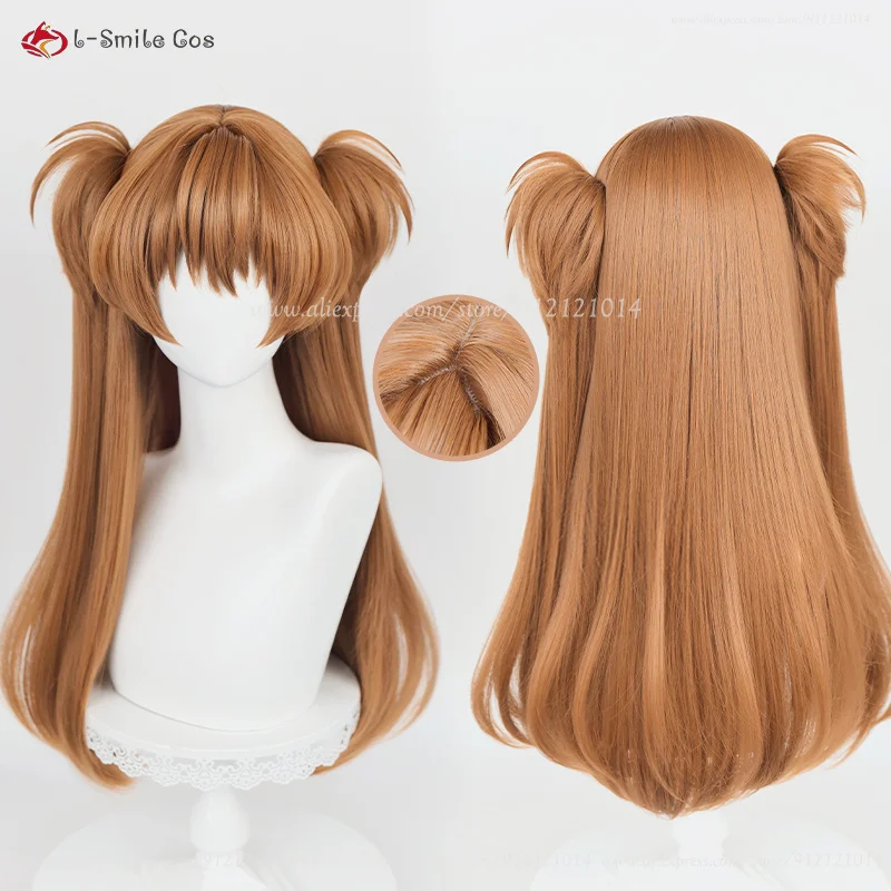 Eva asuka langleyソyuアニメコスプレウィッグ、耐熱性ヘア、オレンジとブラウン、ヘアピン小道具、68cm