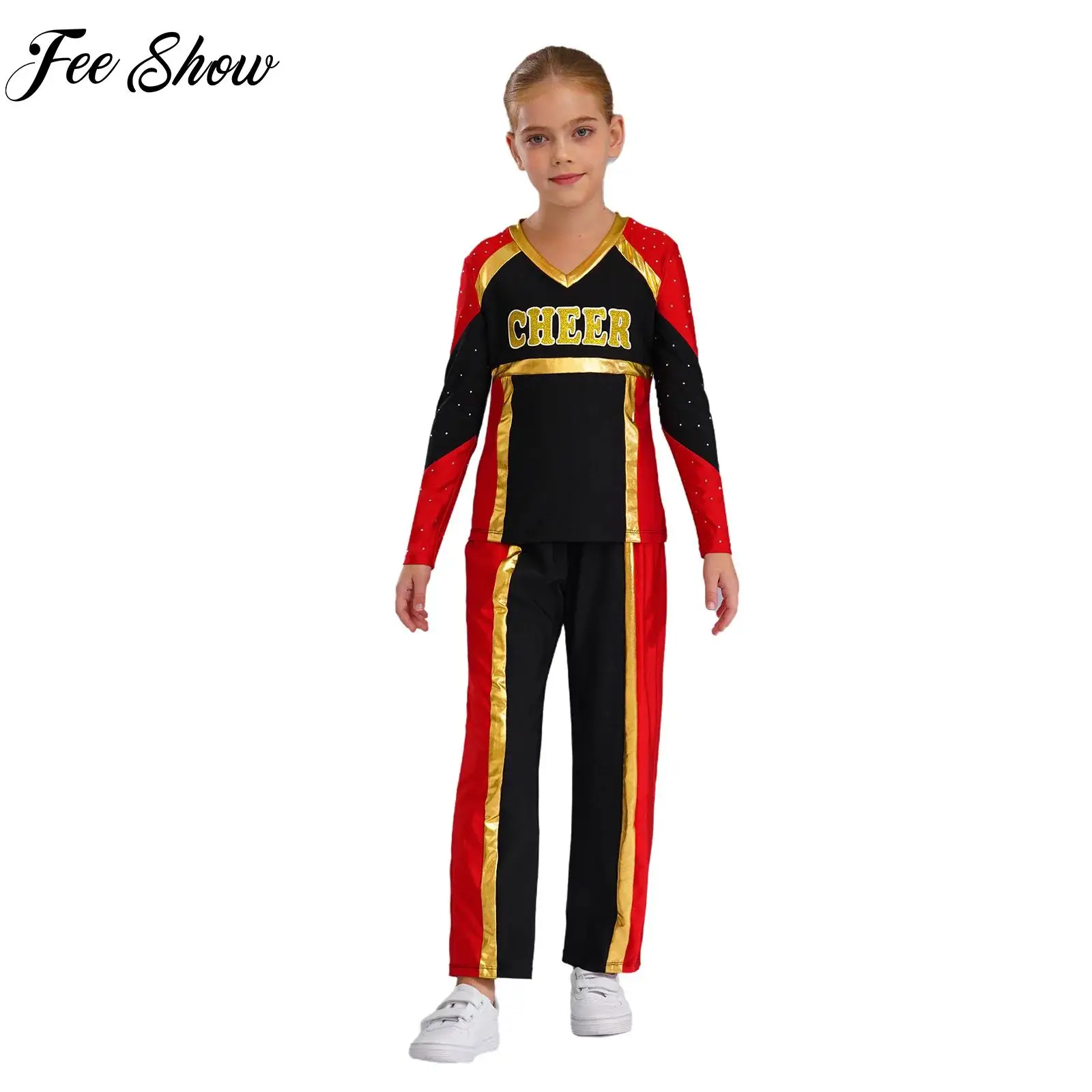 

Kids Girls Cheerleading Outfits Long Sleeve Print Metallic Rhinestones T-shirt with Pants Rhythmic Modern Stage Performance Set