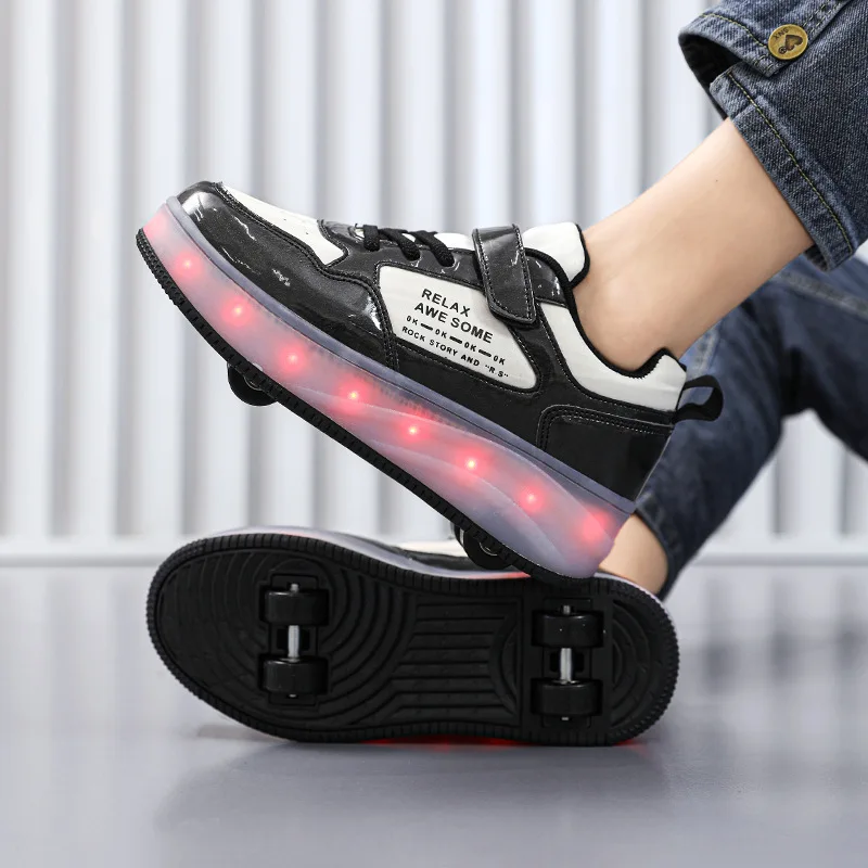 Fashion Four Wheels LED Children Roller Shoes Kids Skates PU Leather Boys And Girls & Women Sneakers Size 31-40