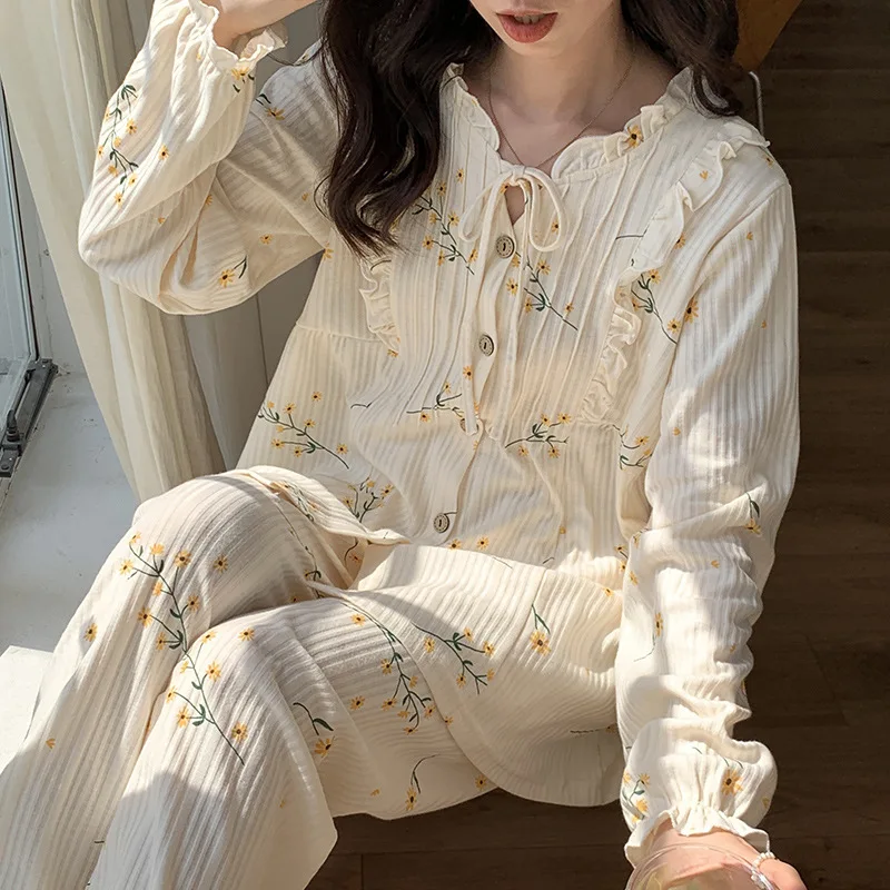 Women\'s Lace Up Pajama Set 2 Pcs with Pant Korea Style Flroal Print Long Sleeve Spring Autumn Buttons Pijama Suit for Female