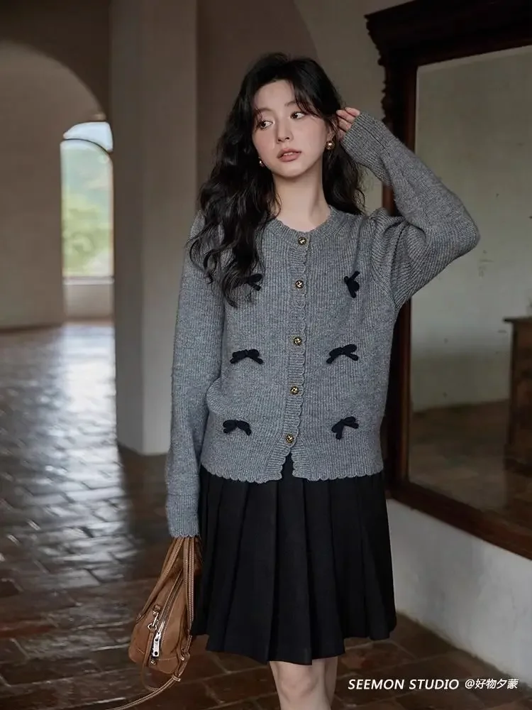 Houzhou o Hals Langarm süß elegant Pullover Einreiher Schleife lässig Strickjacke Japan Temperament frisch gestrickt Pullover