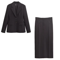 Spring and Autumn women's jacket black long sleeved V-neck single breasted suit coat+high waisted skirt set