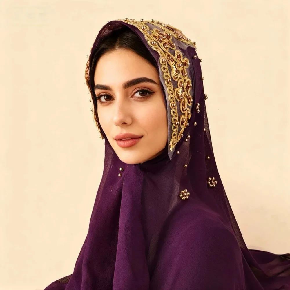 

Элегантный шелковый шифоновый хиджаб с жемчугом, вышивкой золотыми бусинами, исламский тюрбан, широкий бантик, пайетки, накидка-шаль для женщин