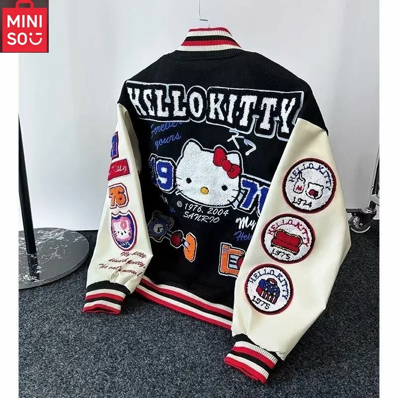 

MINISO fashion brand American retro Hello Kitty embroidery patchwork baseball jacket fashion loose stand collar jacket