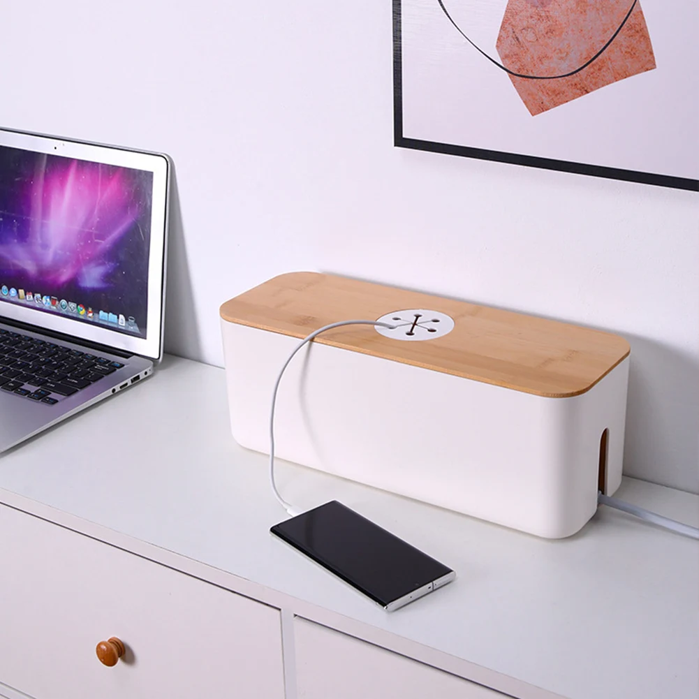 Wooden Cable Storage Box Dustproof Charger Socket Organizer Desktop Charging Data Cable Storage Device