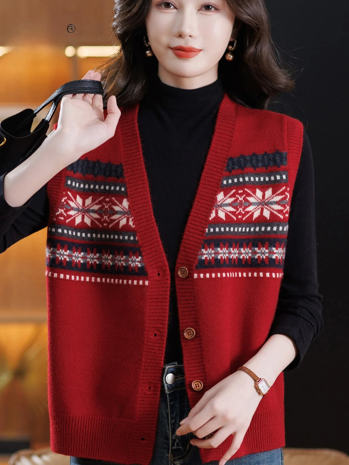 

Spring Knitted V-Ne Open Cardigan Vest Women's Warm Loose Sweater Middle-Aged And ly Button-Up Top Faionable Resin C...