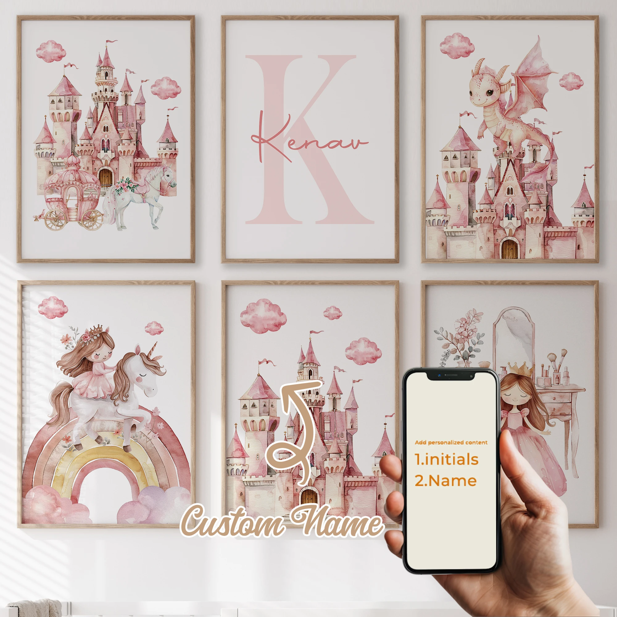 6 Stück personalisierte, individuelle Cartoon-Wandkunst mit Namen, rosa Schloss, Leinwandposter, Gemälde für Kinderzimmer, Wohnzimmer, Heimdekoration