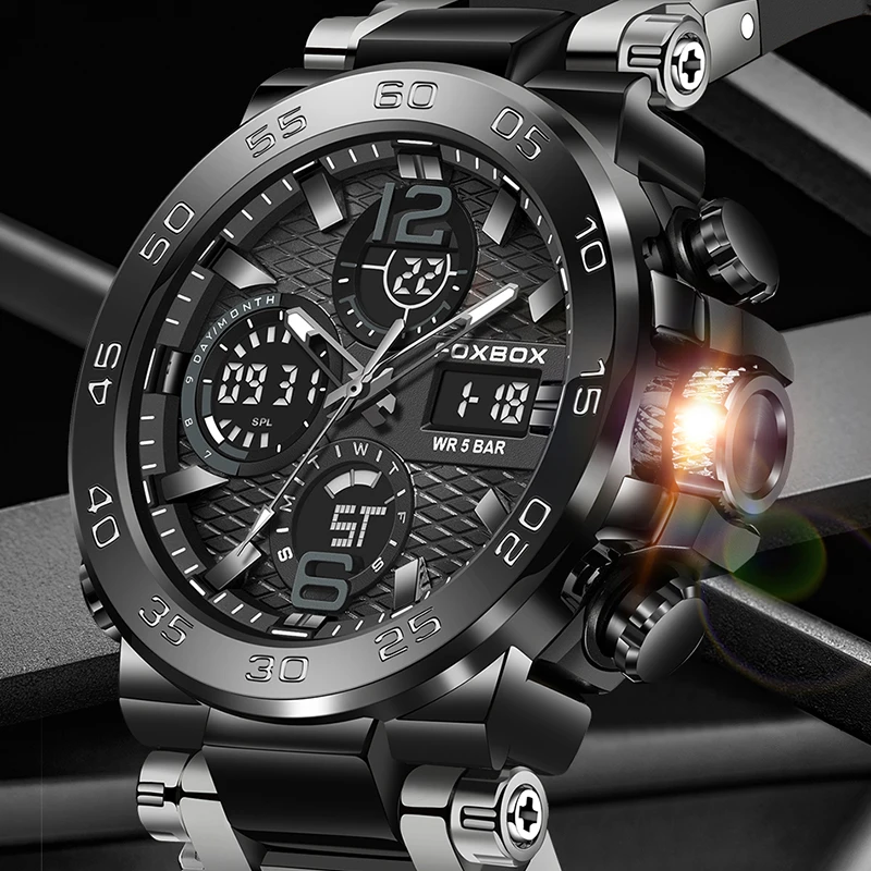 

FOXBOX 2036, цифровые мужские часы с двойным дисплеем, модные военные часы, мужские спортивные часы-будильник, светящиеся часы с хронографом для мужчин