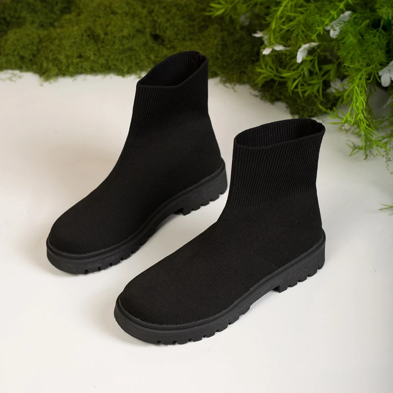 

Elastic Versatile Women's Boots Thick-soled Fashion Casual High-top Short Boots Black Breathable Round Head Large Size Boots