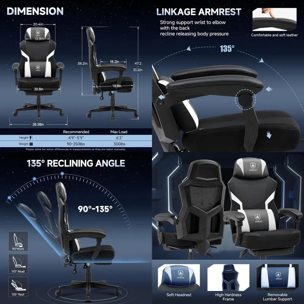 

Дышащее игровое кресло с сетчатой спинкой, подставкой для ног, регулировкой высоты, поясничной опорой, поворотное кресло для дома и офиса (белое)