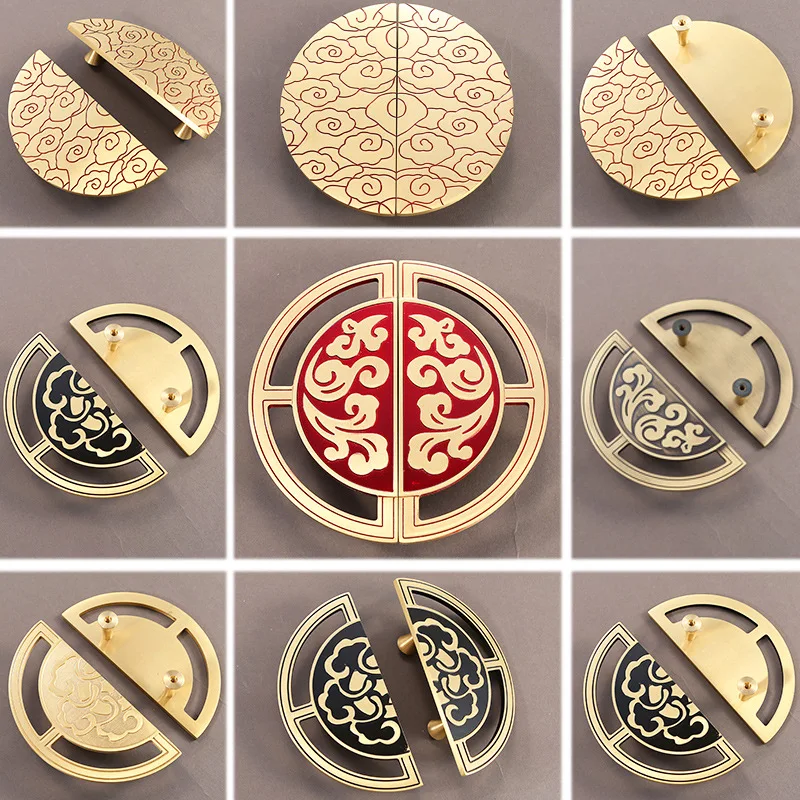 New Chinese Style Cabinet Door Handle Brass Auspicious Cloud Furniture Cabinet Semi-circular Antique Copper Relief Paired Handle
