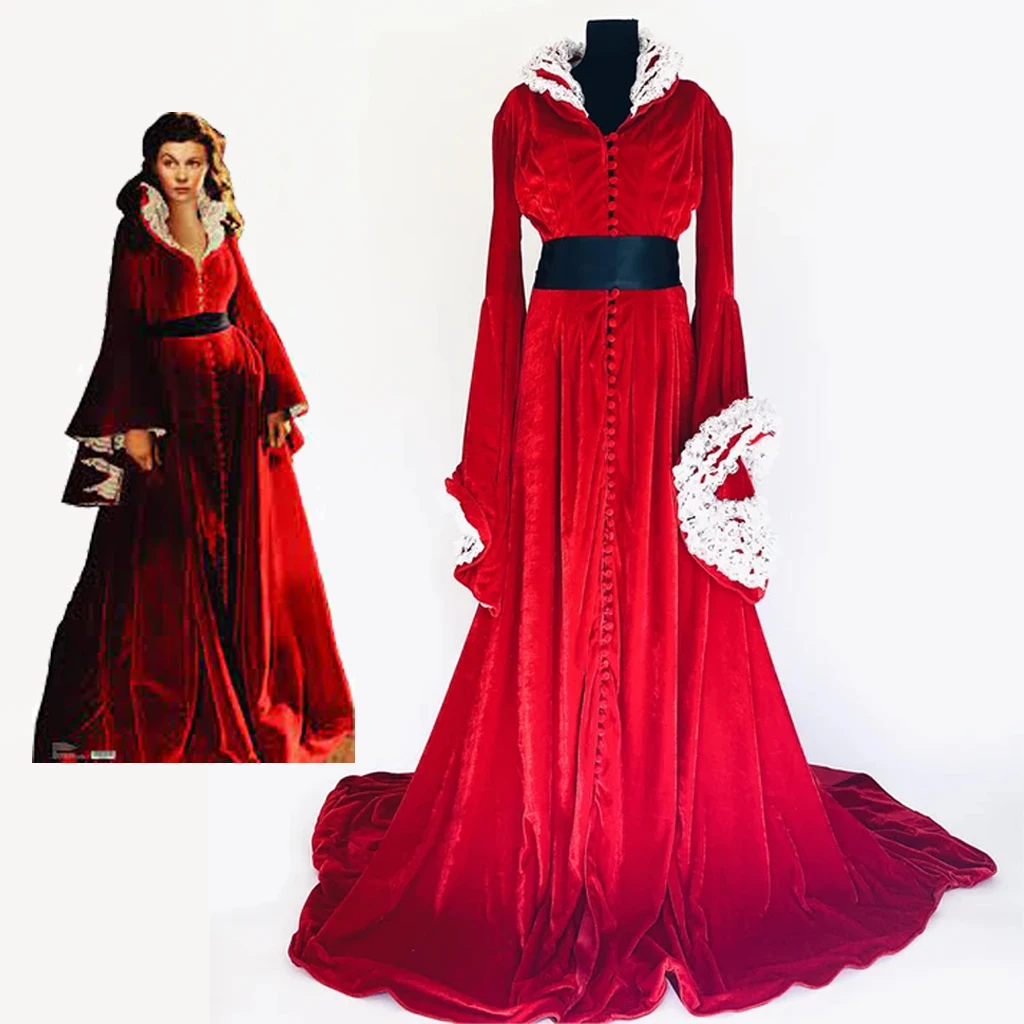 

Gone With The Wind Scarlett O'Hara Cosplay Costume Red Dress Party Gown Victorian Civil War Steampunk Long Red Velvet Dress