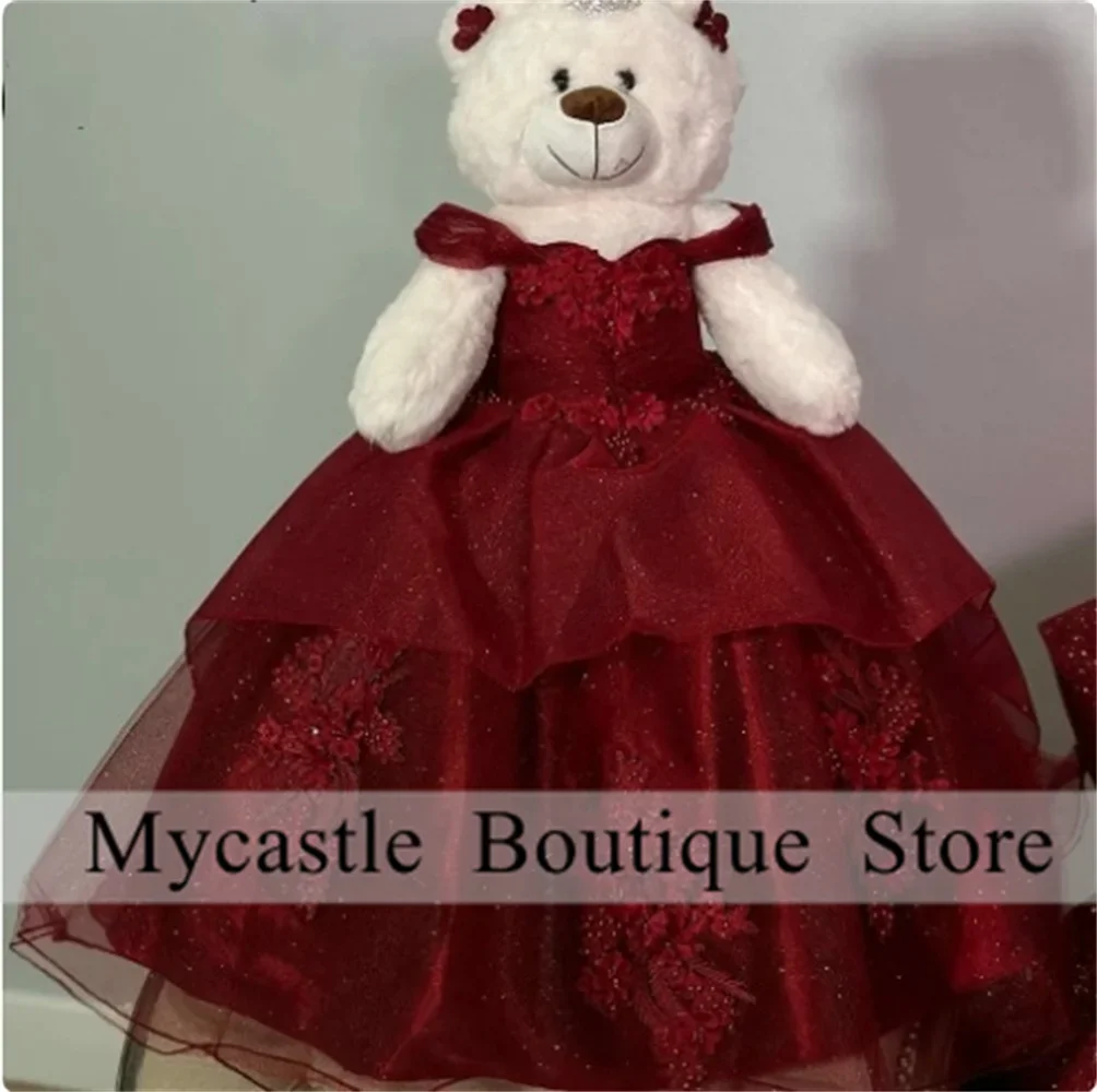 Burgundowa brokatowa kryształowa suknia balowa sukienki na Quinceanera 2025 Off ramię 3D kwiaty Ruffles słodka 16 sukienka dostosowana