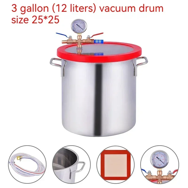 3Gallon/12L Stainless Steel Vacuum Degassing Chamber Vacuum Defoaming Barrel For Silicone Resin/AB Adhesive 25x25CM Acrylic Lid