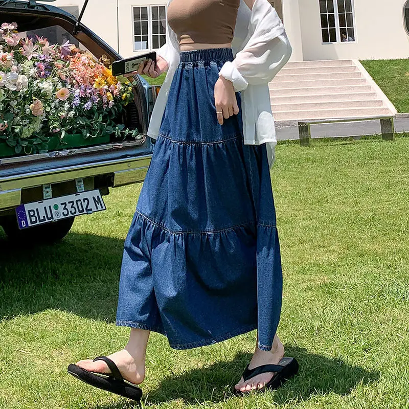 Oversized Retro Denim Skirt Half-length Skirt For Women 2024 New Autumn Ball Gown Loose High-waisted Floor-length Skirts