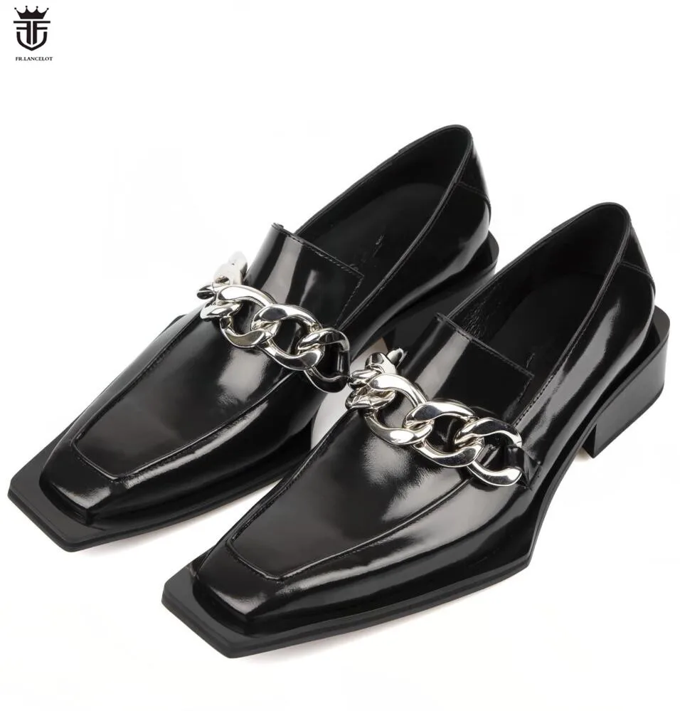 FR.LANCELOT men patent Leather dress Shoes with Chains Square Toe Men Business Leather Shoes thick heel Man wedding party shoes