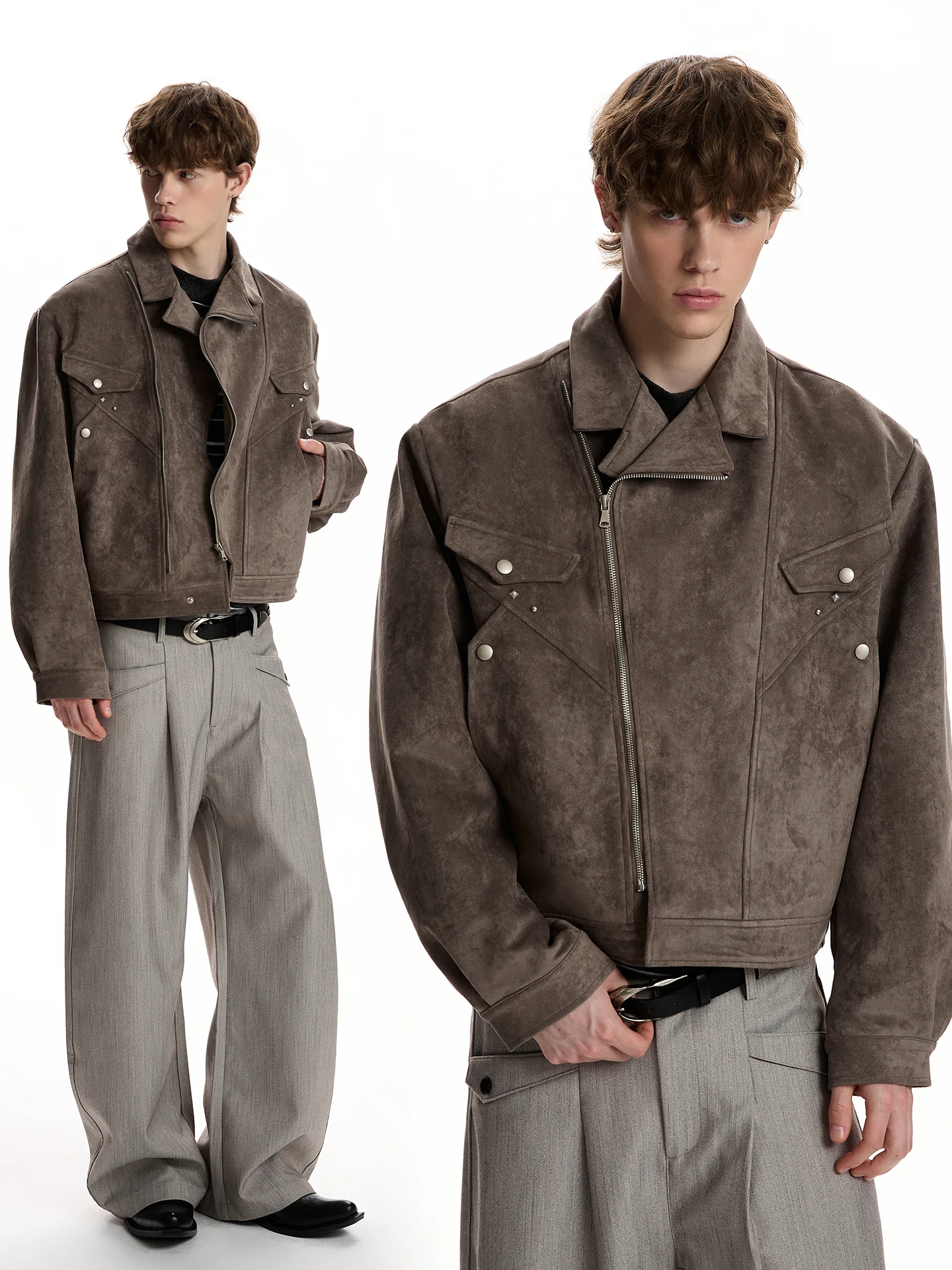 

a PUEE Retro Suede Jaet Deconstructed Design Boxy Sle ort Commuter Versatile Outerwear Metal Decorations ex Spring ...