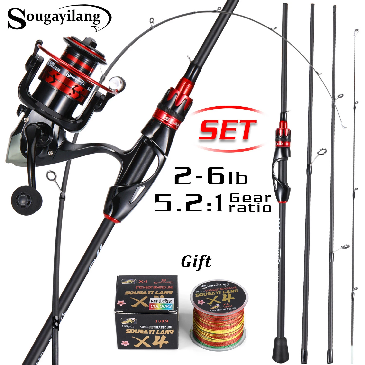 Sougayilang Premium Angelrollen-Ruten-Set, hochempfindliche Carbon-Rute, Übersetzungsverhältnis 5,2:1, hochfeste Rolle mit Angelschnur, Geschenk