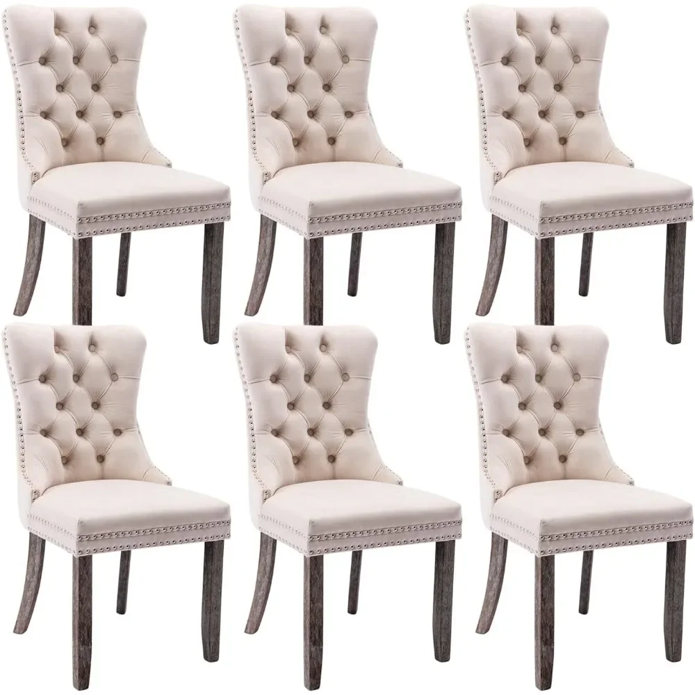 Tufted Dining Chairs Set of 6,Nailhead Back and Ring Pull Trim, Solid Wood Dining Chairs for Kitchen/Bedroom/Dining Room (Beige)