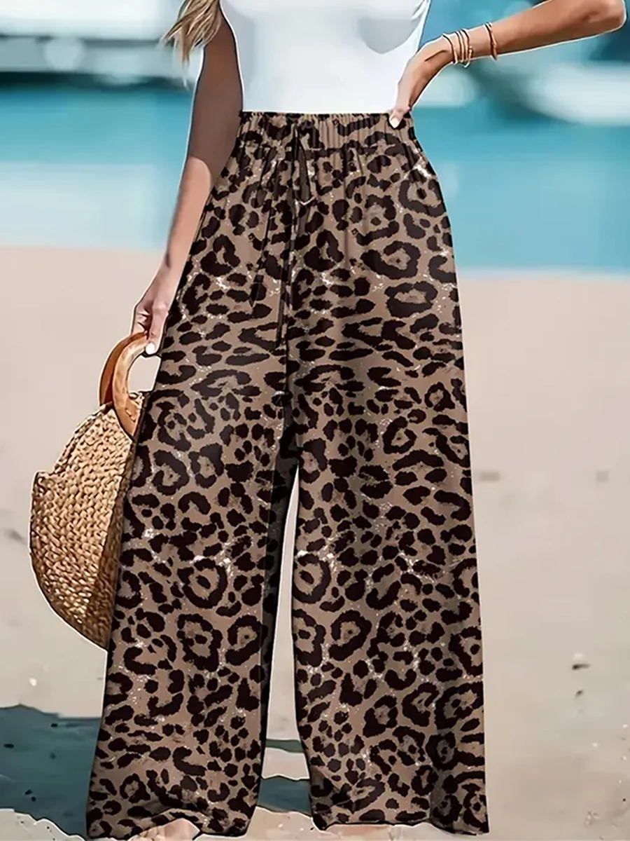 Women Leopard Print Pants High Waist Wide Leg Trousers Casual Loose Boho Drawstring Long Pant Holiday Beach Clothes Streetwear