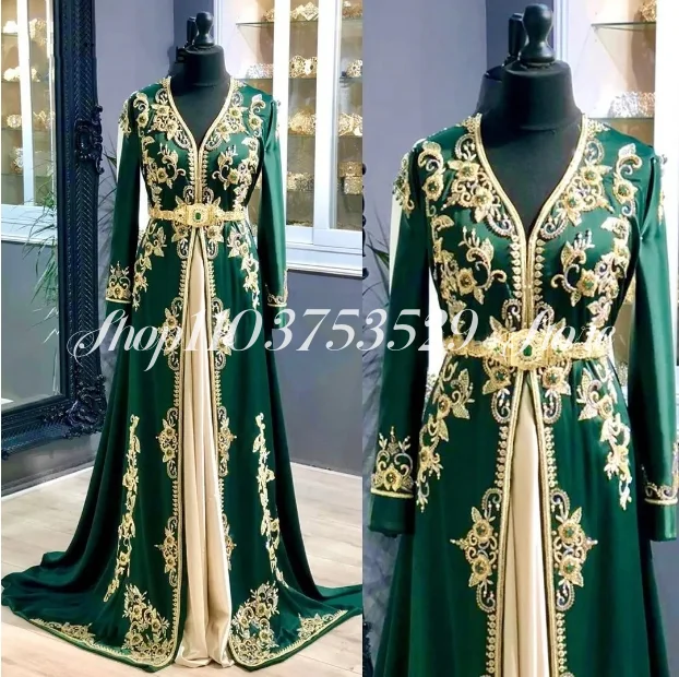 Green Moroccan Caftan Evening Dress Long Sleeve Lace Crystal Beaded Prom Dresses Dubai Abaya Formal Party Gowns 2024 MuslimDress