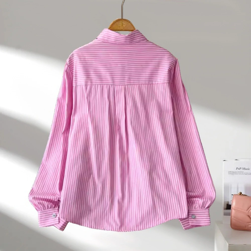 GALCAUR Colorblock Slimming Spliced Stripe Blouse for Women Lapel Long Sleeves Patchwork Diamonds Top Female Clothing New Style